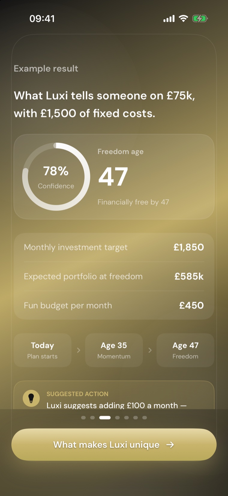 Luxi example result showing a Freedom Confidence Score and freedom age